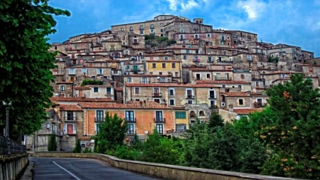 Morano Calabro_Italy - hills, monument, town, roofs, grass, medieval, view, old, landscapes, nice, houses, sky, castle, ruins, trees, colors, architecture, Italia, village, street, ancient, green, Italy, panorama, building, antique