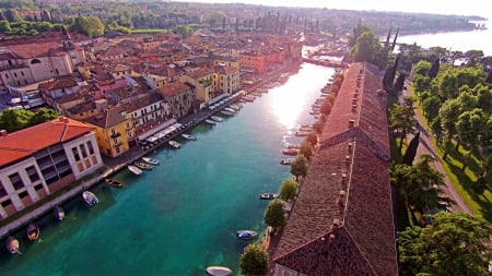 Peschiera Del Garda_Italy - sky, italy, trees, roofs, seascapes, panorama, monument, antique, reflections, view, ruins, castle, river, architecture, medieval, old, bridge, landscapes, houses, ancient, lake, building, hills, italia, village, town, city, colors, sea