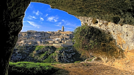 Matera_Italy - cave, hills, monument, town, medieval, view, old, landscapes, nice, sky, ruins, clouds, trees, colors, architecture, village, street, homes, river, ancient, Italy, panorama, building, antique, rocks