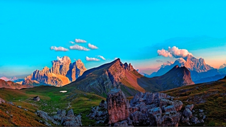 Mondeval_Italy - beauty, sky, valley, italy, trees, panorama, mountains, path, view, clouds, architecture, green, grass, landscapes, alpine hut, houses, italia, nature, forest, snow, scenery, alps, colors