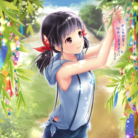 Make a Wish - nice, beauty, female, wishing tree, smiling, japanese, anime girl, black hair, pretty, japan, anime, oriental, blouse, ribbon, tree, cute, maiden, lady, adorable, girl, shirt, long hair, lovely, charm, kawaii, beautiful, sweet, smile, bamboo, happy, tanabata