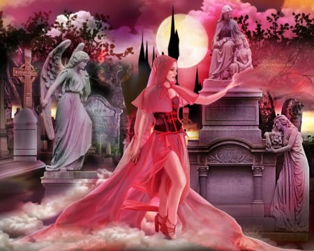 Cimetery - moon, fantasy, statues, lady