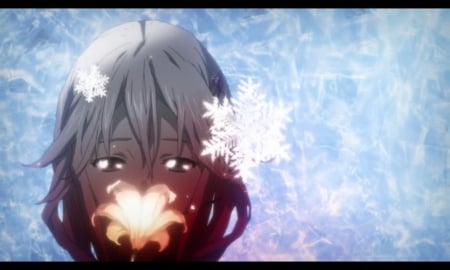 Inori - magic, anime girl, inori, ribbon, lady, lake, light, long hair, snowflakes, guilty crown, glow, floral, beautiful, snow, sweet, nice, realistic, beauty, female, simple, fantasy, inori yuzuriha, glowing, pretty, yuzuriha inori, anime, maiden, girl, pink hair, lovely, flakes, plain, blossom, flower