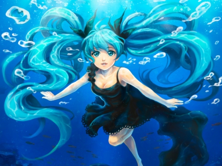 Deep Sea - hot, anime girl, underwater, hde, hatsune miku, sexy, swimming, long hair, vocaloids, underss, vocaloid, beautiful, sweet, dress, nice, beauty, female, water, twintail, aqua hair, bubbles, black, miku hatsune, pretty, anime, miku, twin tail, swim, girl, twintails, gown, lovely, cg, blue hair, hatsune, hd, twin tails, blue, float