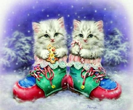 Winter Boots - xmas and new year, adorable, animals, draw and paint, winter, boots, lovely, creative pre-made, kitten, love four seasons, holidays, pretty, weird things people wear, cats, colors, cute