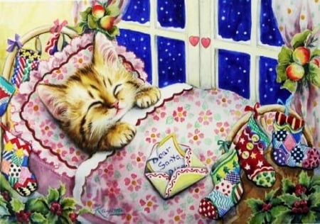 Waiting for Santa - pretty, creative pre-made, holidays, kitten, cats, Christmas, draw and paint, winter, weird things people wear, colors, lovely, xmas and new year, bedroom, sleep, cute, adorable, love four seasons, animals