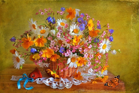 Still life - freshness, colorful, bouquet, still life, lovely, spring, vase, butterfly, pretty, beautiful, flowers