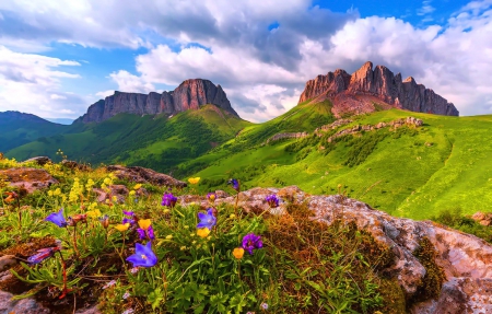 Mountain beauty - slope, sky, mountain, landscape, hills, lovely, rocks, beautiful, clouds, grass, wildflowers