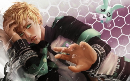 Sadness - pink, black, renaillusion, blonde, anime, manga, fantasy, sad, boy, man, green