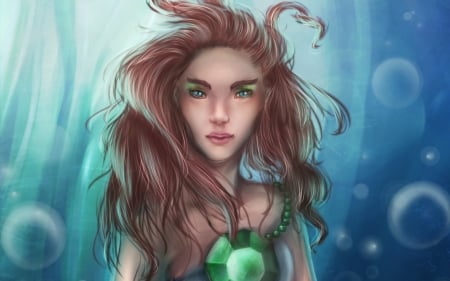 Mermaid - girl, redhead, blue, art, fantasy, mermaid, woman, underwater, green