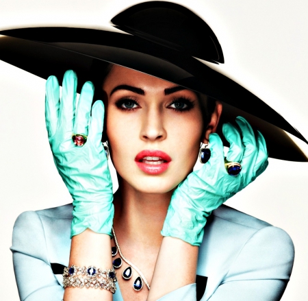 Megan Fox - woman, actress, hat, girl, fashion, jewel, make-up, ring, black, gloves, face, white, blue, megan fox, green