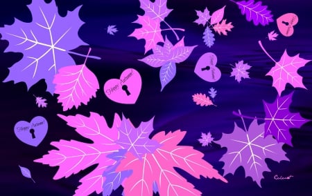 Happy Autumn! - heart, by cehenot, blue, pink, purple, autumn, word, card, leaf