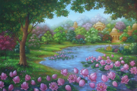 Vrindavana - pretty, scenery, blossom, scene, swam, stream, forest, pink, gorgeous, garden, lake, nice, lotus, beautiful, pond, beauty, lovely, sweet, tree, river, fantasy, green, painting, temple, floral, building