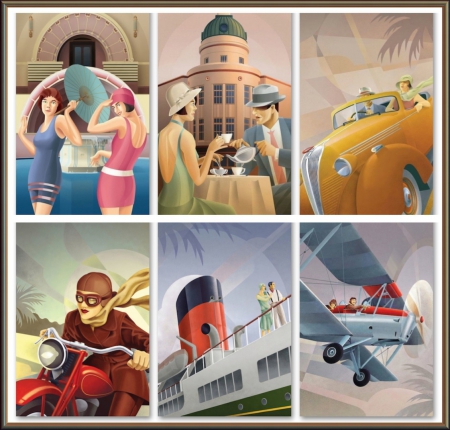 Art Deco Montage - ship, napier, liner, tea, car, bathing, collage, painting, plane, motorbike, art deco