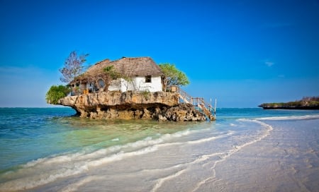 On the Rocks - stairs, nature, beach, water, house, sea