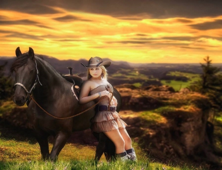 ♡Pretty Cowgirl Enjoying♡ - pretty, relaxation, female, boots, outdoor, sunrise, charming, mountain, riding land beauty horse woman, cowgirl, hadacarolina, gorgeous, sexy woman, hat, enjoying, beautiful, black horse, attractive, lovely, love, nature, happy pretty lifestyle