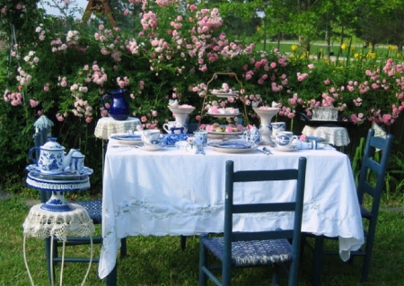 Rose Garden Tea Party - nature, garden, tea party, roses