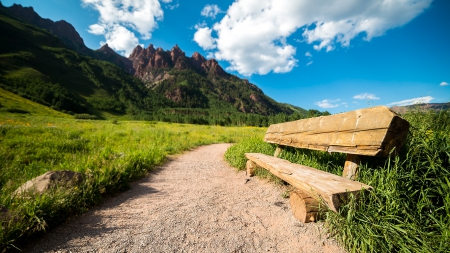 Bench in Beautiful Park - nature, mountains, bench, clouds