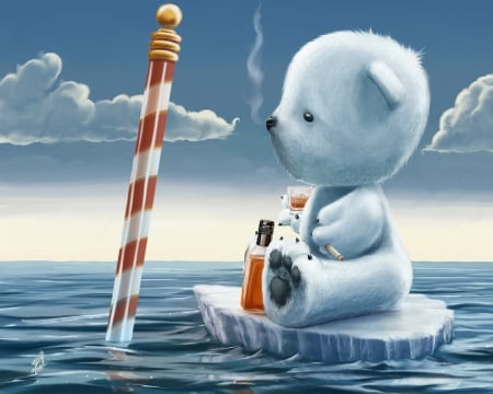 How Some Deal With Global Warming - water, polar bear, north pole, smoke, wiskey