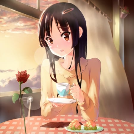 Tea Cup - pretty, anime, kawaii, female, window, blossom, long hair, akiyama mio, curtain, hd, nice, vase, anime girl, beautiful, girl, mio kaiyama, table, beauty, tea, lovely, sweet, flower, cg, shirt, glasses, black hair, rose, cute, adorable, mio, cup