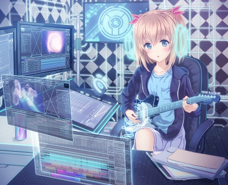 Sound Visibility - pretty, anime, kawaii, magic, female, dj, monitor, short hair, guitar, hd, technologies, nice, anime girl, screen, beautiful, girl, beauty, lovely, brown hair, sweet, cg, fantasy, shirt, blouse, digital, computer, jacket, cute, adorable