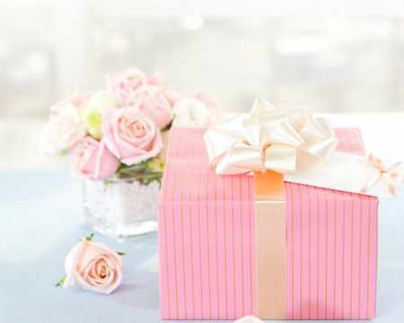 Pink Roses and a Gift - flowers, gift, roses, pink