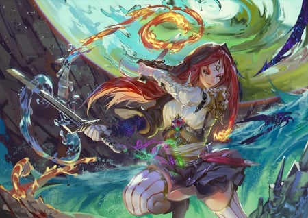 Elementalist - beauty, nice, redhead, female, magic, water, anime girl, blade, fantasy, fire, pretty, anime, sword, girl, warrior, long hair, red hair, lovely, cg, hd, beautiful, weapon, sweet