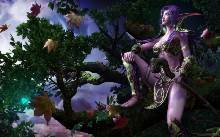 elf - game, forest, pink, elf, fantasy, purple, autumn, green, woman, world of warcraft, leaf, gril