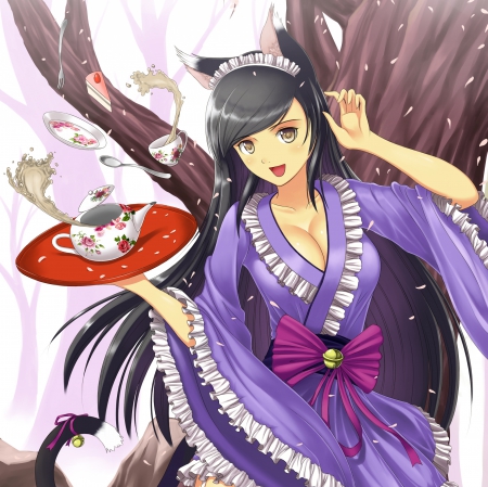 Neko Tea - pretty, female, maiden, teapot, happy, tea pot, nice, cake, neko, hot, beauty, kimono, petals, yukata, cg, lady, sexy, anime, nekomimi, long hair, hd, ribbon, smiling, pot, anime girl, beautiful, girl, tea, lovely, maid, sweet, smile, neko mimi, black hair