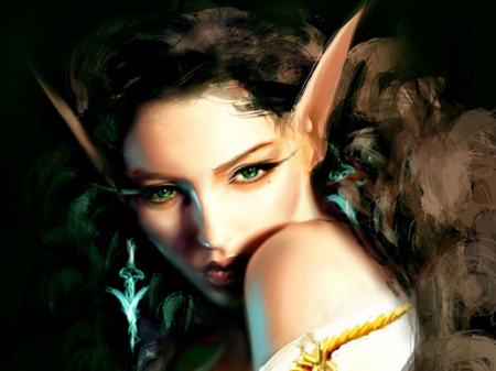 Beautiful elf princess - face, dark, yellow, elf, girl, eyes, blue, art, fantasy, princess, woman