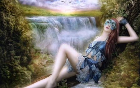 my dream for tomorrow - girl, dream, sunset, waterfall, fantasy