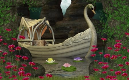 swan boat - swan, boat, flower, river