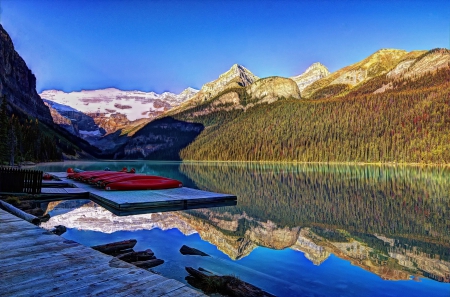 Lake Louise, Banff National Park - mountains, reflection, canada, pier, boats