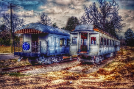 Aiken Train Museum - waggons, clouds, photography, trees, hdr