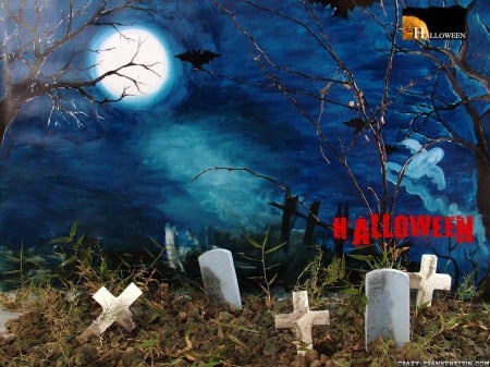 Halloween Graveyard - moon, halloween, bat, graveyard