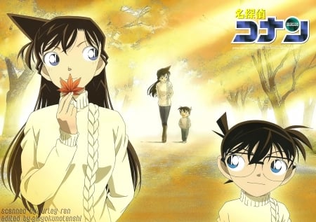 Ran & Conan - Cute, Female, Autumn, Leaf, Fall, Detective Conan, Conan Edogawa, Ran Mouri, Male