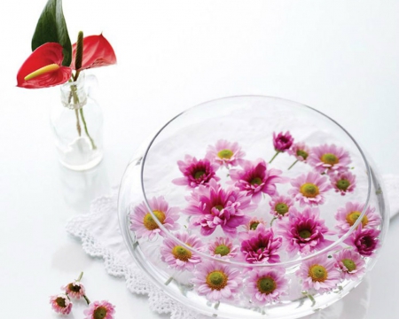 Flowers in a Bowl - flowers, glass, bowl, petals