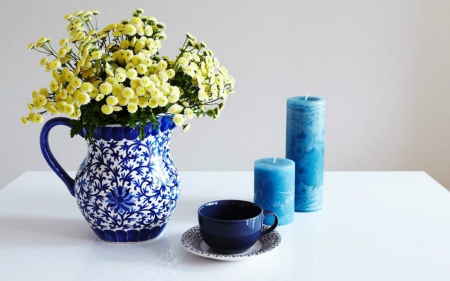 Still Life - candle, flowers, vase, still life, blue