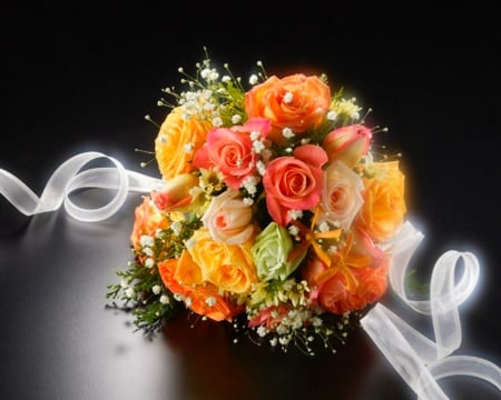 Bouquet - ribbon, roses, flowers, bouquet