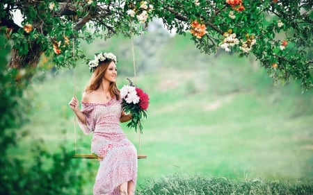 Girl with Flowers in Meadow - woman, flowers, meadow, photography