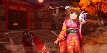 Midnight Autumn - mask, japanese, anime girl, umbrella, ccs, oriental, card captor sakura, kimono, temple, sakura, beautiful, yukata, shrine, cardcaptor sakura, sweet, nice, beauty, female, brown hair, pretty, japan, anime, house, short hair, scene, kinomoto sakura, girl, night, lovely, sakura kinomoto, cg, hd, scenery