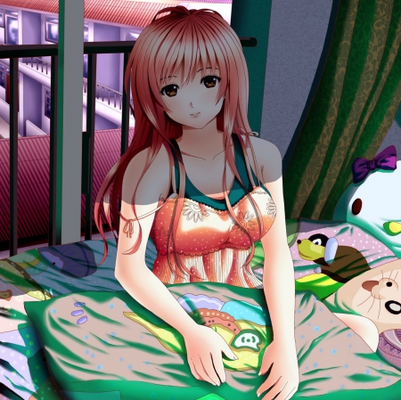 Maiden - nice, beauty, bed, female, anime girl, home, pretty, orange hair, anime, blouse, house, maiden, lady, girl, long hair, lovely, cg, shade, hd, beautiful, sweet, bedroom, shadow, dress