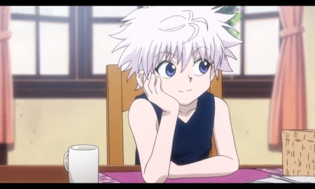 Killua Zoldyck - pretty, anime, kawaii, killua, scene, guy, male, short hair, hunter x hunter, zoldyck, nice, silver hair, beautiful, table, killua zoldyck, beauty, lovely, sweet, chair, bly, cute, adorable, cup