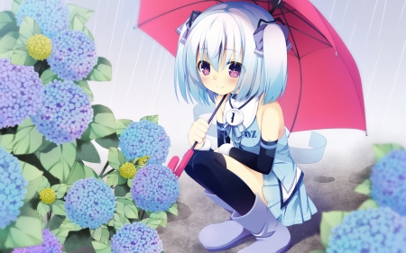 Rain Shower - pretty, anime, kawaii, female, blossom, short hair, umbrella, blue hair, rain, nice, anime girl, beautiful, girl, wet, beauty, lovely, sweet, flower, adorable, floral