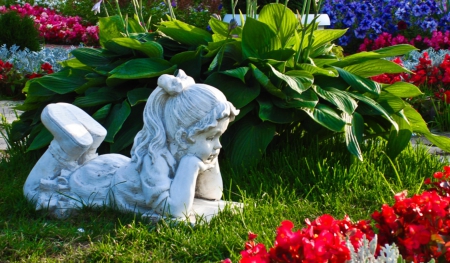 Garden Girl  - girl, sculpture, red, blue, flowers, plants, garden, cute