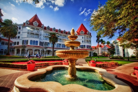 Disney Resort, Florida - usa, flowers, fountain, sunshine, hotel, tree