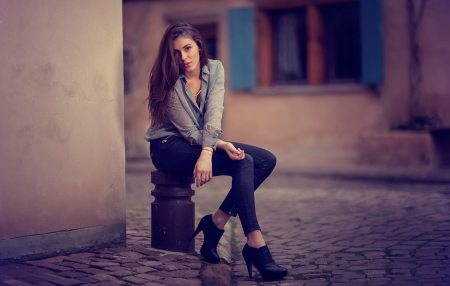 Beauty - waiting, street, shirt, model, trousers, beauty, city