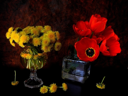 Still Life - red, flowers, vase, yellow, still life