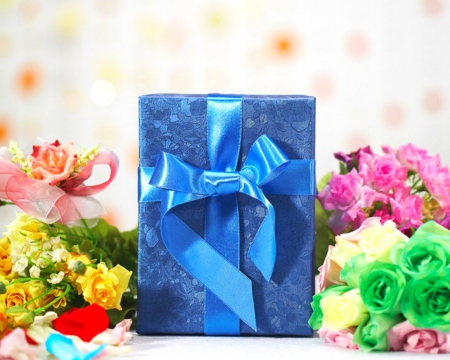 Flowers and Gift - flowers, gift, bouquet, blue