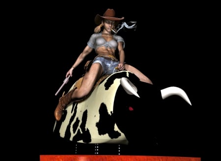 The Bullrider - women, anime, female, boots, guns, hats, bulls, girls, cowgirls, drawing, art, animals, westerns